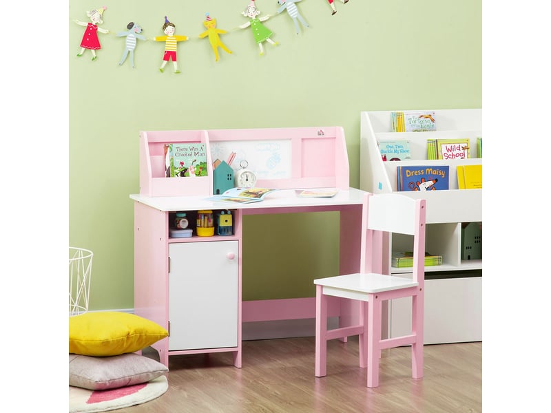  Bureau enfant avec chaise rose 90 x 45 x 85 cm avec tableau blanc et rangement  - Conforama D