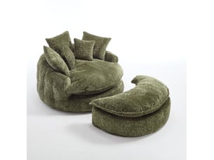 Fauteuil rond surdimensionné 138x190.5x63 cm, dossier large, coussins inclus, mousse dense, polyester, vert olive