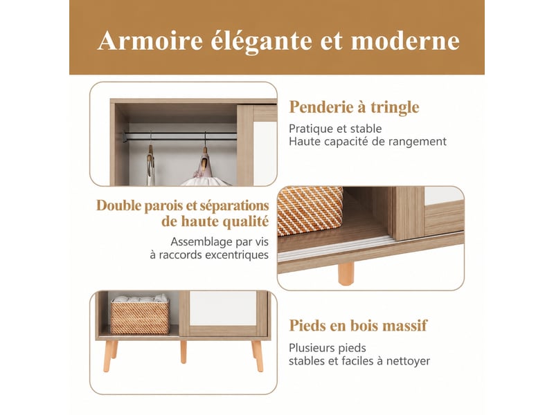 Armoire enfant portes coulissantes, 2 tringles, blanc et bois clair, 80 x 46 x 141,5 cm  - Conforama E
