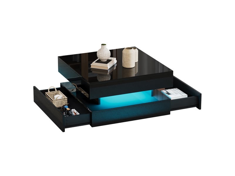  Table basse relevable carrée 65x65 cm noire brillante avec led et rangement caché  - Conforama R