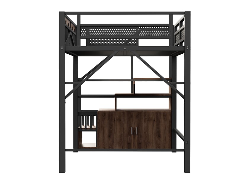 Lit mezzanine 140x200 cm avec barrière, escalier et placard, noir et brun, sans matelas - Conforama E