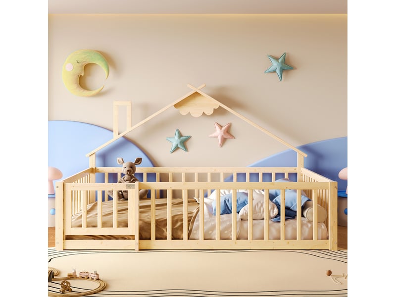  Lit enfant cabane 140x190 cm, style inspirant, barrière 32 cm avec serrure, bois de bois et mdf, naturel, sans matelas  - Conforama D