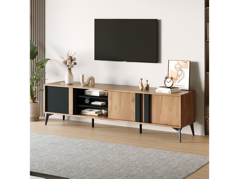  Meuble tv rustique marron et noir, meuble tv 180 cm avec rangements, pour téléviseur jusqu'à 80 pouces, portes et étagères ouvertes  - Conforama E