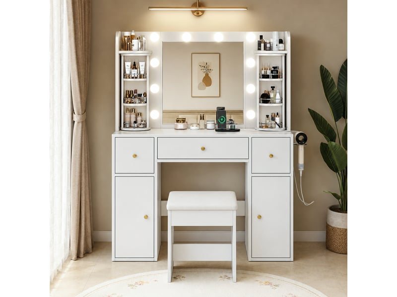  Coiffeuse avec miroir led 115 cm - organiseur bijoux rotatif, 3 tiroirs et 2 placards - port usb-c et support sèche-cheveux - blanc  - Conforama B