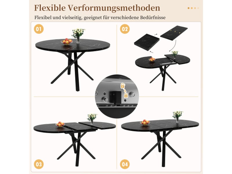  Table ronde extensible effet marbre 100 cm rallonge 140 cm piètement noir en x cuisine petit-déjeuner  - Conforama D