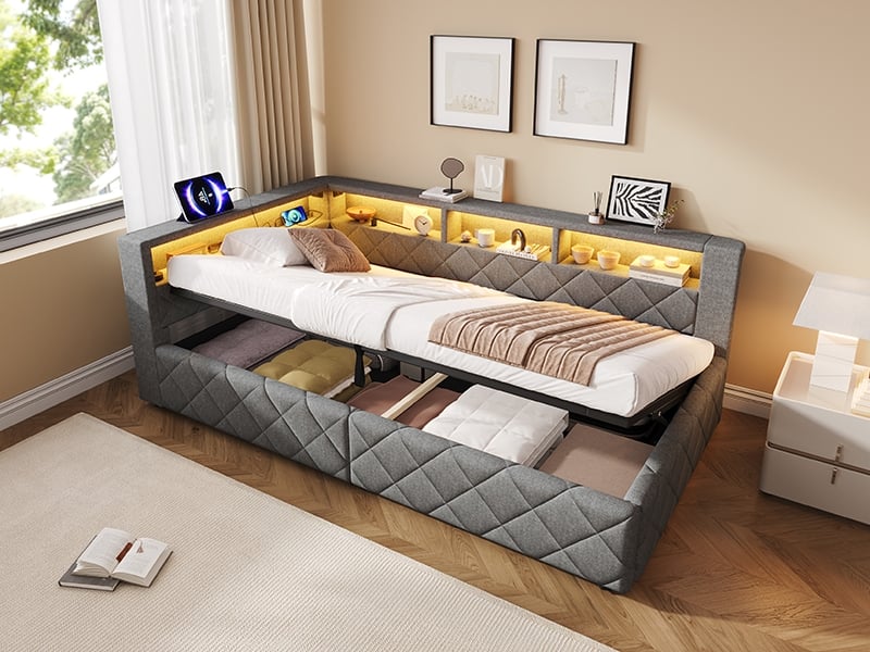 Lit coffre 90 x 200cm, rangement hydraulique, avec bande lumineuse led, avec port usb, sans matelas, lin, gris - Conforama B