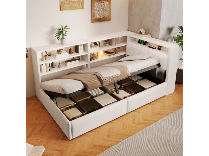  Lit banquette coffre rembourré 90x200 cm, rangement hydraulique, meuble latéral réversible, led rgb, usb et usb-c, velours blanc Radiant Stride - Conforama D