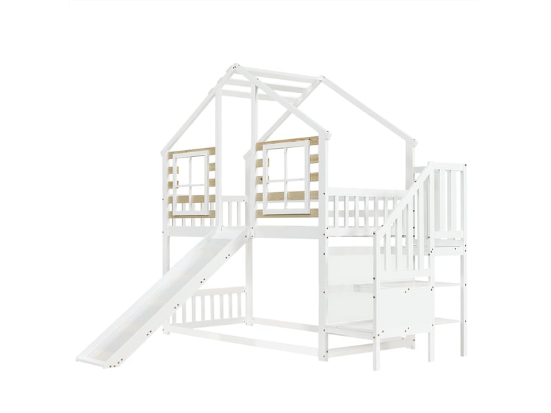 Lit superposé enfants 90x200 cm avec rangement, structure bois massif et mdf blanc - Conforama R