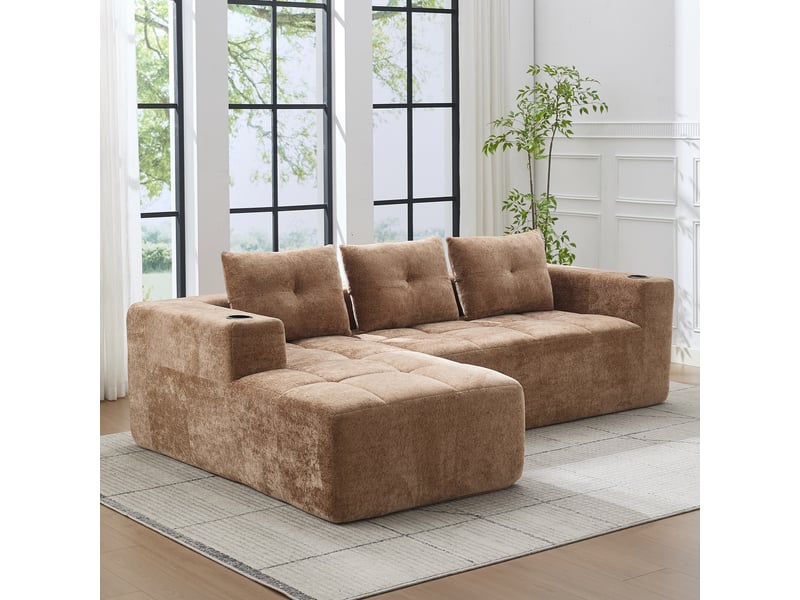 Canapé d'angle marron clair en l 258 cm - tissu chenille 3 places avec porte-gobelets - Conforama D