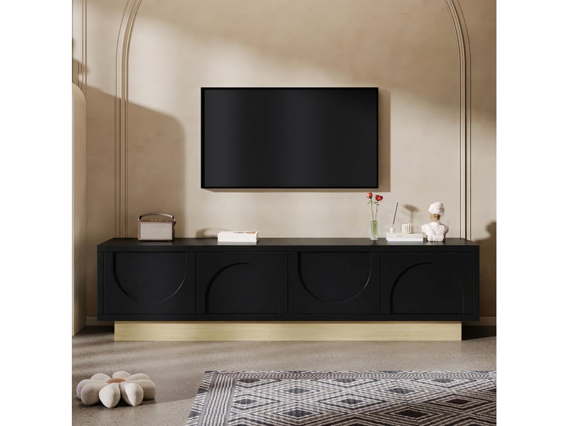  Meuble tv ulevr 175 cm avec rangement, 4 portes push-to-open et passe-câbles, mdf noir avec socle décor bois  - Conforama B