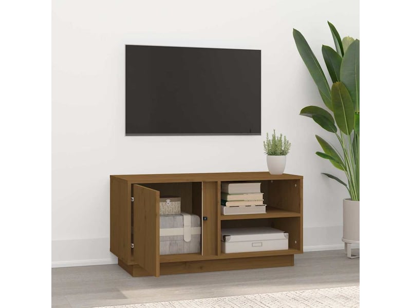  Meuble tv - banc tv - meuble de rangement marron miel 80x35x40,5 cm bois de pin massif  - Conforama C