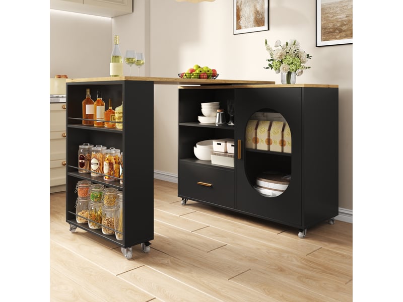  Îlot de cuisine mobile extensible 120-180 cm, plateau pivotant à 360°, mdf noir et bois clair avec rangement  - Conforama E