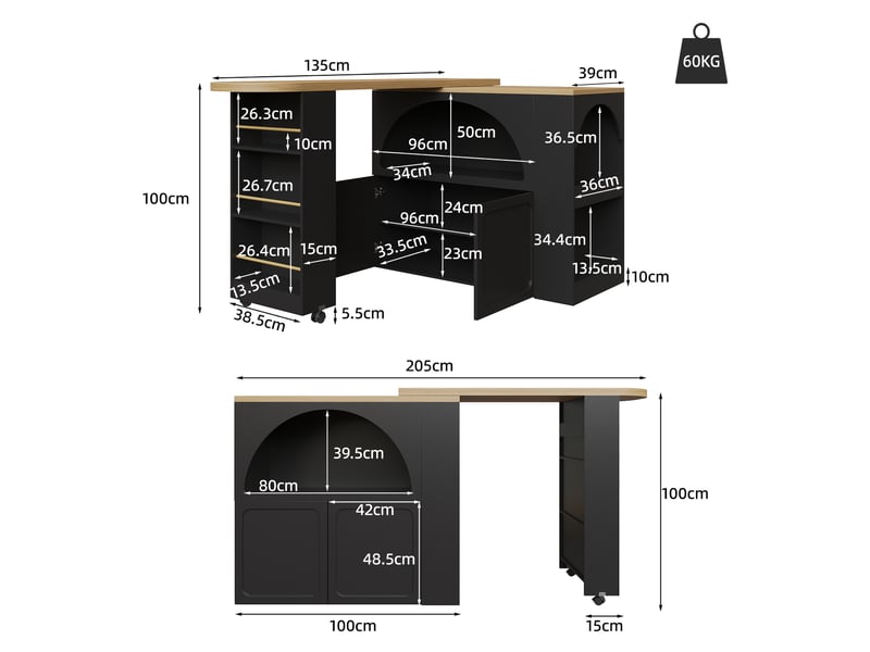  Bar mobile modenvie extensible avec rangement, led et usb, mdf noir, 135-205 x 39 x 100 cm  - Conforama C