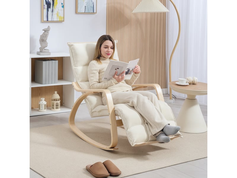  Fauteuil à bascule rembourré, fauteuil de relaxation avec accoudoirs et structure en acier, pour salon, chambre, blanc crème  - Conforama C