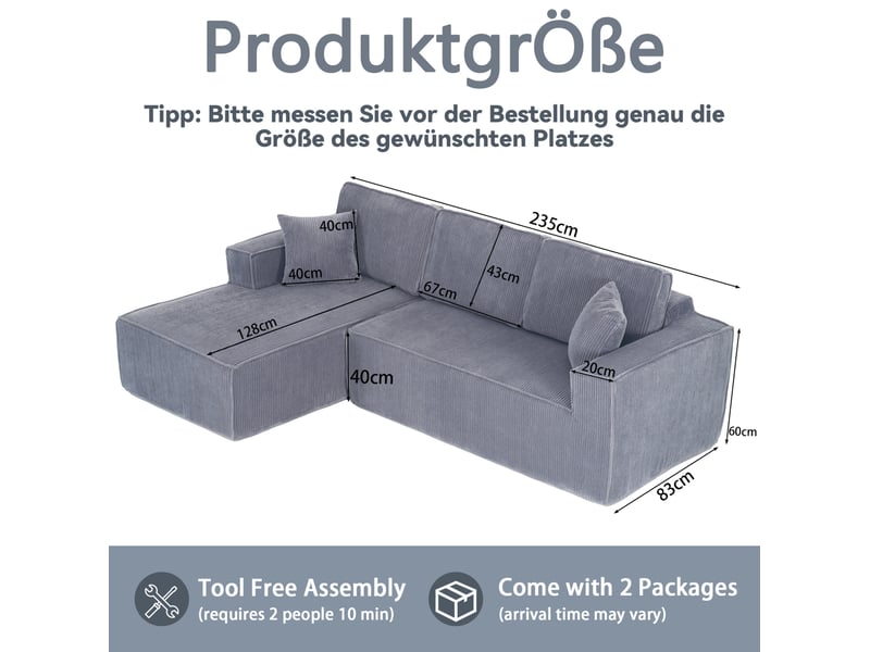  Canapé d'angle 3 places gris en velours côtelé, modulable avec méridienne, idéal pour votre salon au quotidien  - Conforama C