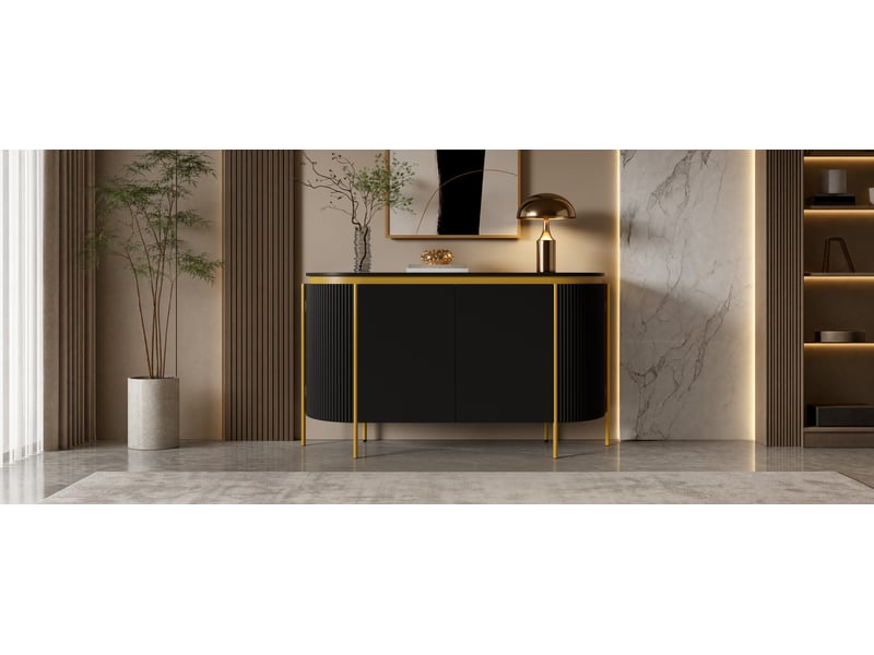  Buffet noir ovale 140 x 38 x 80 cm, 4 portes avec rangement et passe-câbles, pieds en fer  - Conforama D