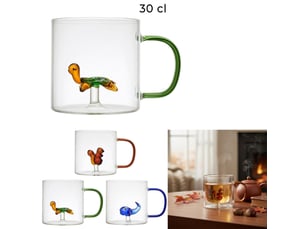 Lot de 12 mugs en verre 30 cl avec figurine animaux - 3 modèles assortis - anses colorées