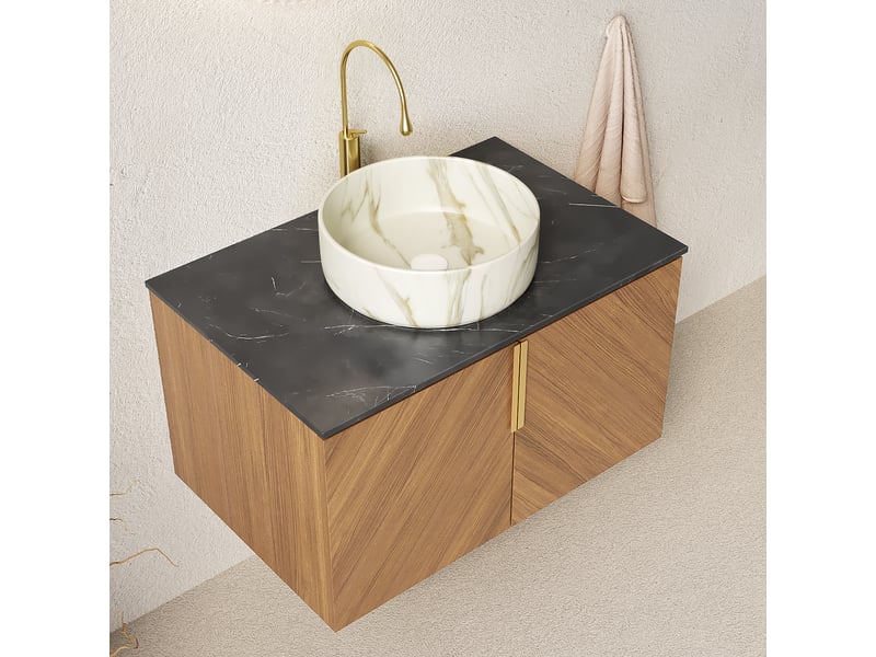 Meuble vasque suspendu 2 portes avec fermeture douce - lpospi - plan en pierre frittée, céramique blanc, chêne marron - Conforama B