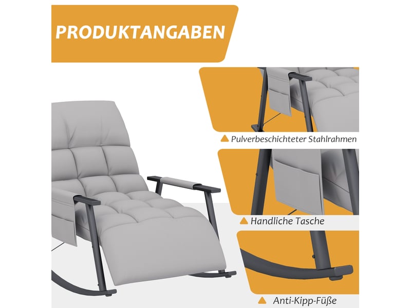  Chaise à bascule relax avec repose-pied 134 x 60 x 70 cm – gris – dossier inclinable et poche latérale  - Conforama E