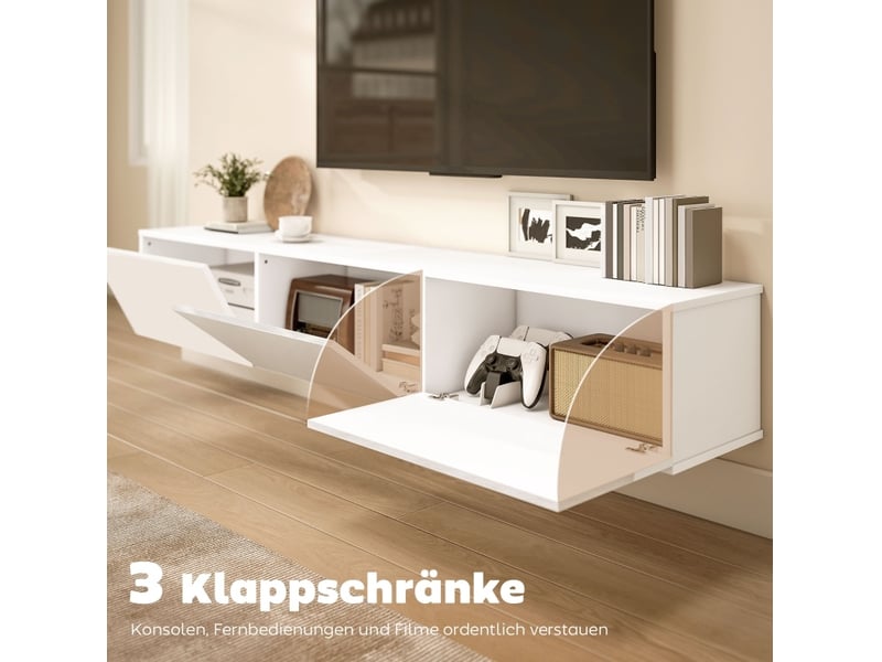  Meuble tv mural blanc 180 x 31,5 x 29,8 cm, 3 portes abattantes  - Conforama D