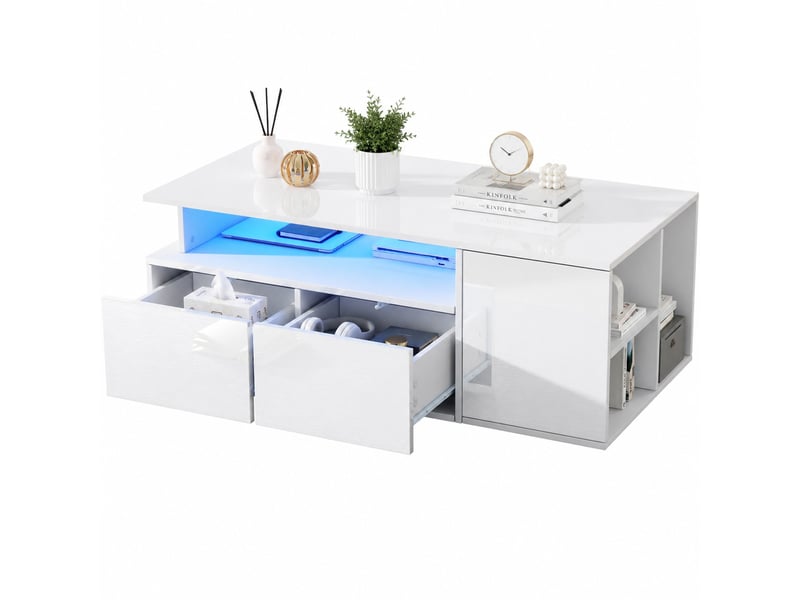  Table basse avec 2 tiroirs, étagère semi-ouverte et 3 compartiments latéraux, led, pour salon, blanc, 100 x 50 x 35 cm  - Conforama A