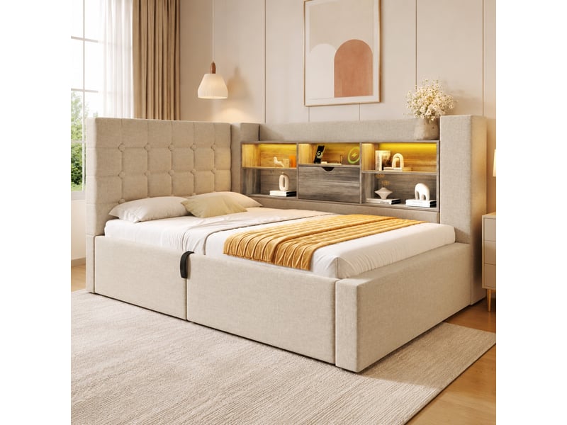 Lit simple 90x200 cm coffre hydraulique avec led en lin beige - Conforama B