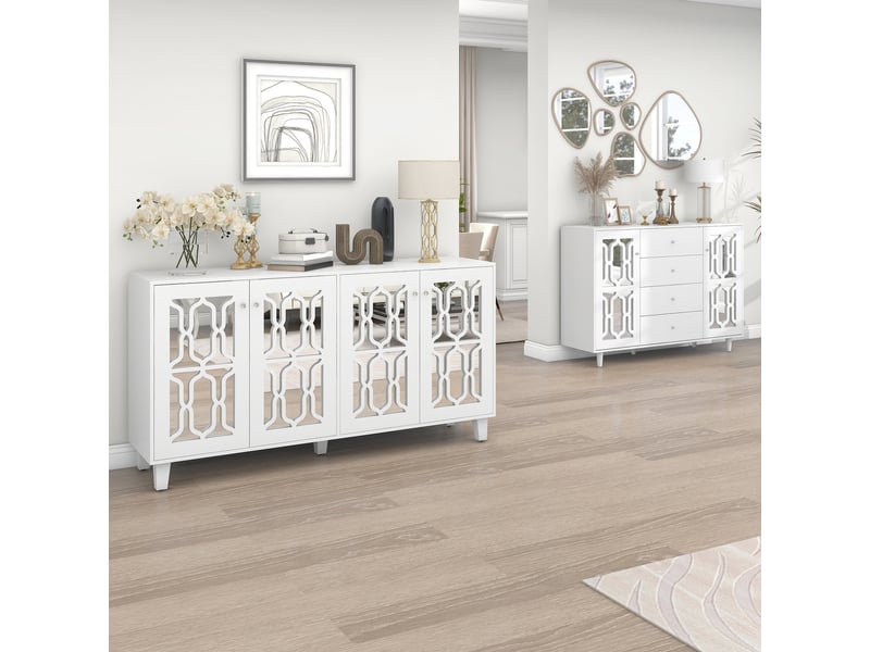 Buffet avec 2 portes, 4 tiroirs et étagères réglables, façade miroir, pour salon, mdf, blanc, 147.5 x 40 x 102 cm - Conforama C