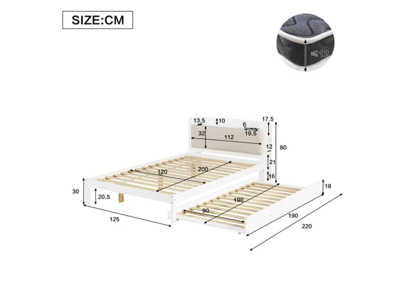  Lit blanc 120x200 avec lit gigogne 90x190 – bois, tête de lit rembourrée, étagère, station de charge et rangement  - Conforama C