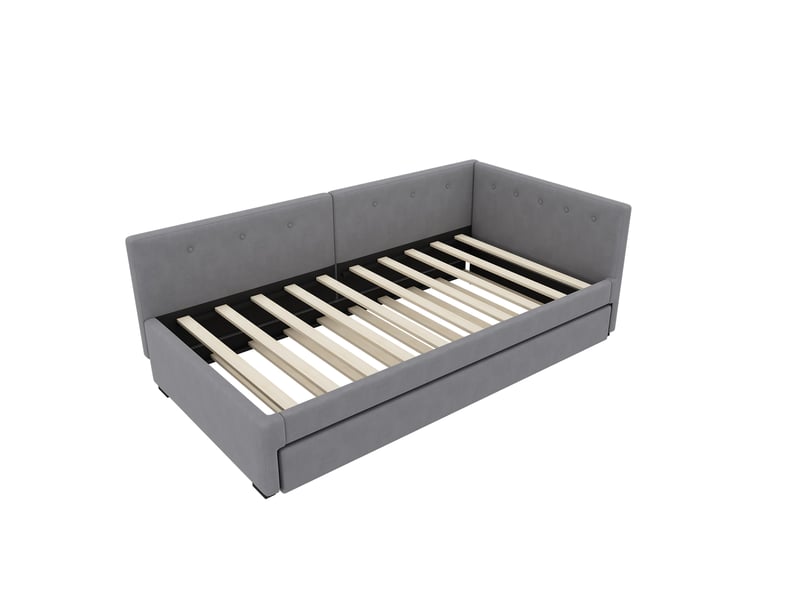  Lit gigogne 90x200 cm, avec tête de lit et lattes, en tissu, gris, sans matelas  - Conforama E