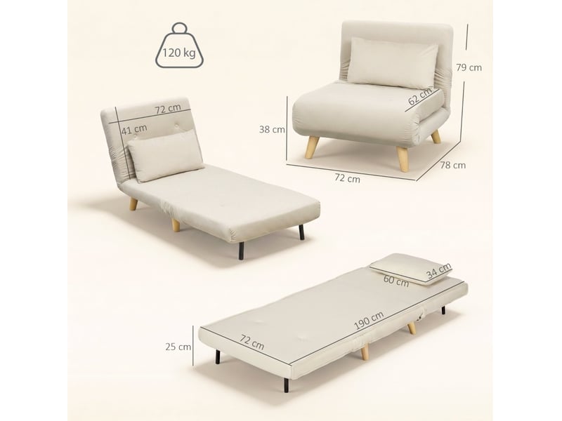  Fauteuil convertible 1 place avec dossier réglable sur 6 positions et coussin, structure en métal, en velours beige  - Conforama C