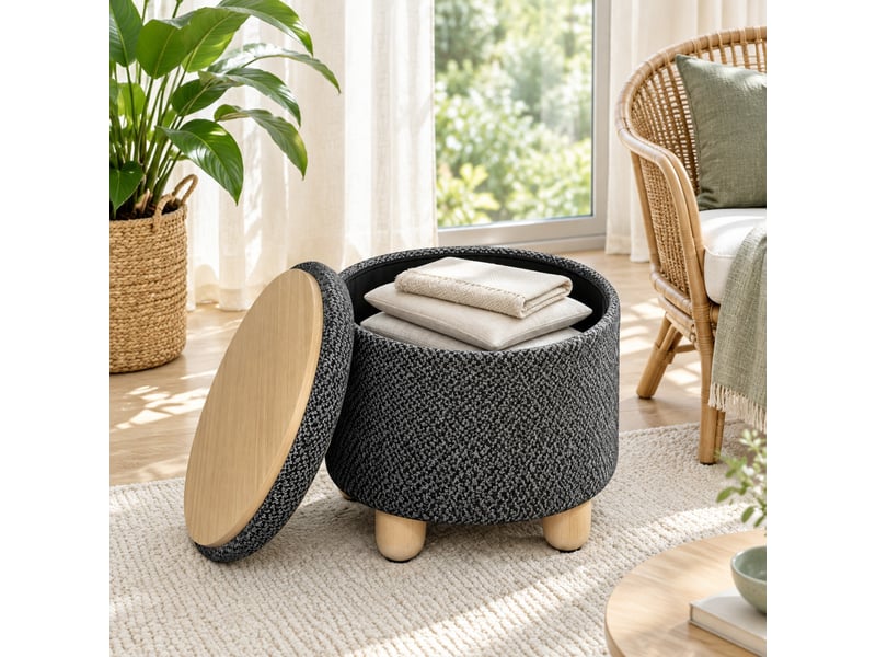  Pouf de rangement rond 39 x 39 x 33 cm gris foncé, en lin et mdf, avec couvercle réversible en bois  - Conforama D