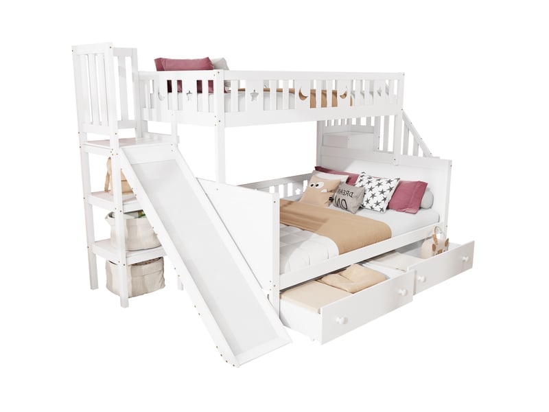  Lit superposé enfant 90x200140x200 cm avec toboggan et rangements, blanc  - Conforama A