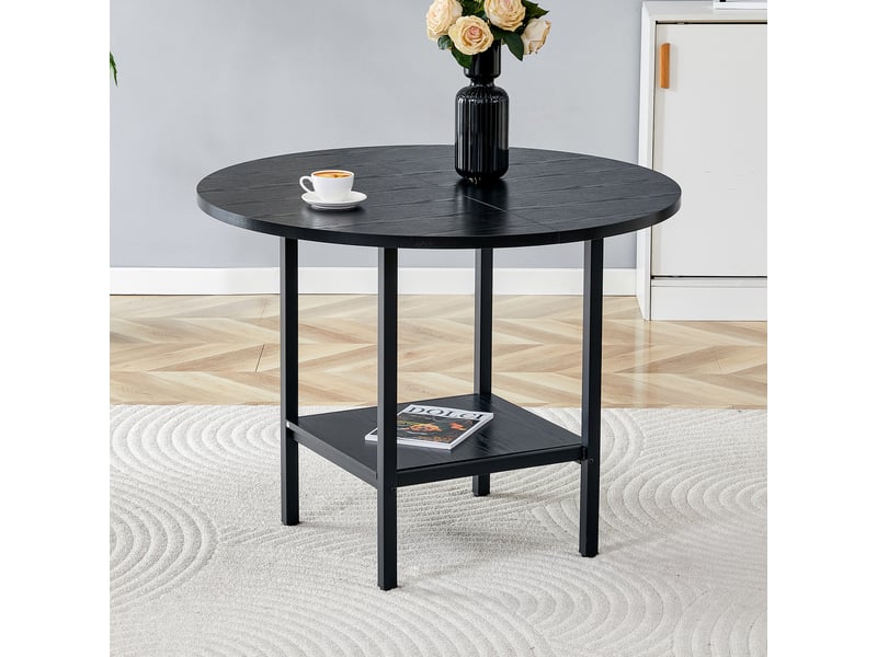  Table basse - table de salle à manger ronde moderne, finition bois noir et structure en métal noir avec étagère de rangement  - Conforama D