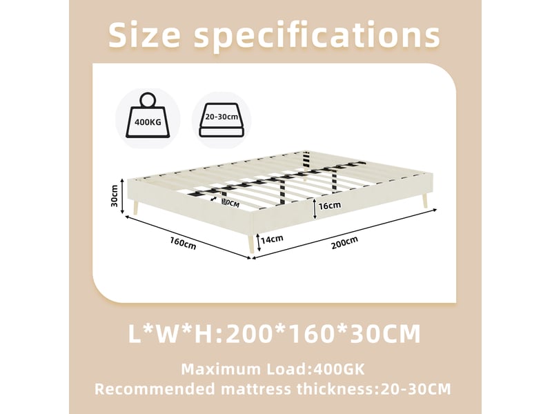  Lit cadre 160x200 cm, design moderne, panneau de particules et bois, beige, sans matelas  - Conforama C