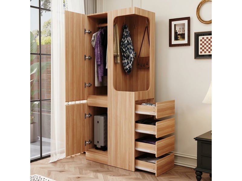  Armoire 1 porte en bois 70x40x170 cm avec penderie ouverte et 4 tiroirs, meuble de rangement chambre  - Conforama D