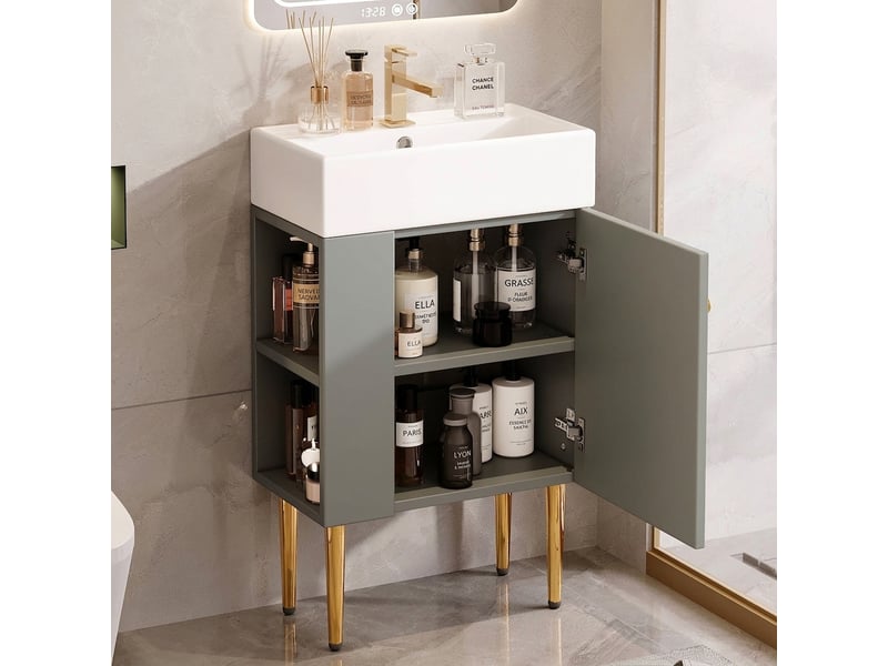  Meuble sous-vasque 55 cm avec vasque en céramique, petit meuble salle de bain sur pied, gris clair  - Conforama D