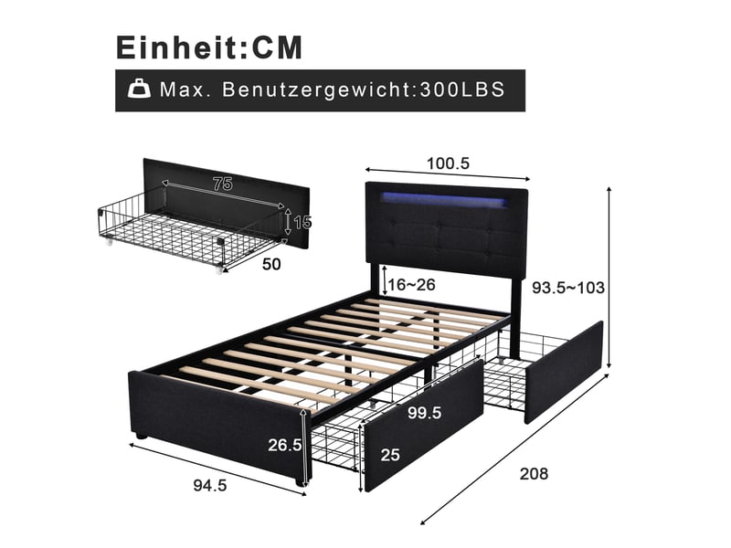  Modenvie lit 1 place 90x200 cm - led, 2 tiroirs et tête de lit réglable, matelas inclus - noir  - Conforama C