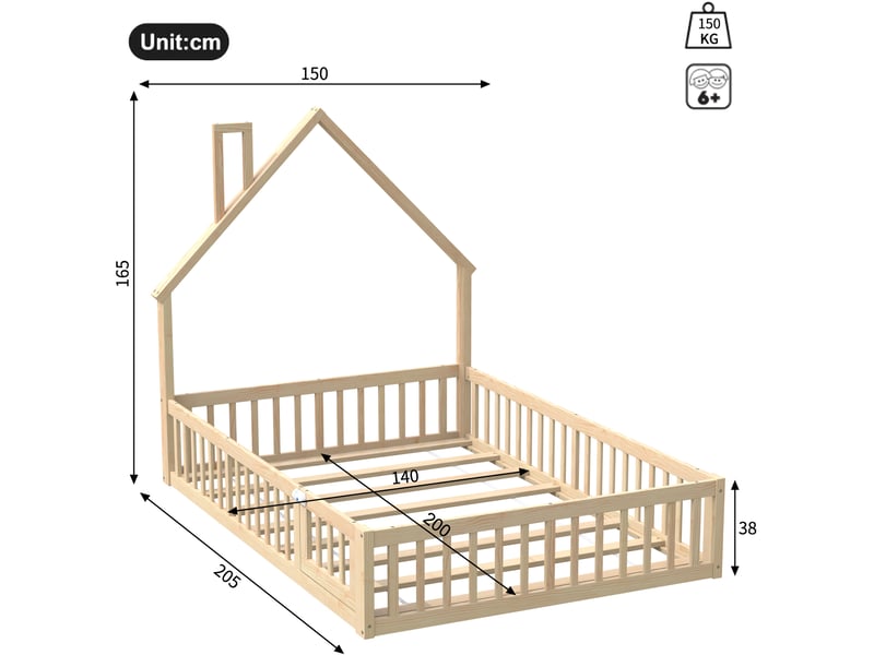  Lit cabane 140x200 cm forme cheminée avec barrière de sécurité, bois naturel sans matelas  - Conforama C