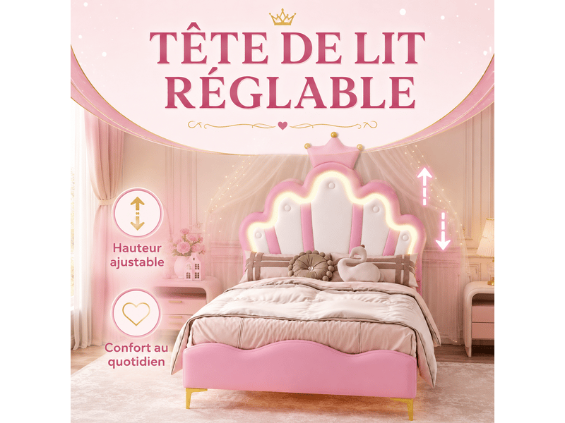  Lit enfant 90x200 - éclairage led rgb - lit fille princesse avec tête de lit réglable - décor couronne -similicuir - lit enfant 90x200 avec led réglables -lit fille avec tête de lit en forme de couronne -sommier à lattes -lit un…  - Conforama D