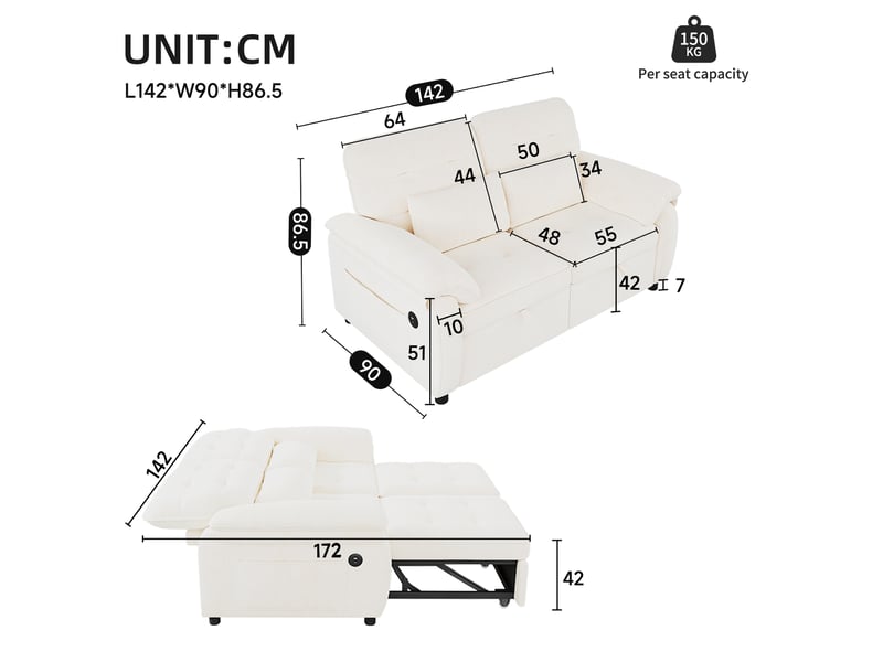 Canapé convertible 3 en 1, tissu chenille beige 2 places, lit pliant avec dossier réglable & ports usb pour salon et chambre d'amis - Conforama C