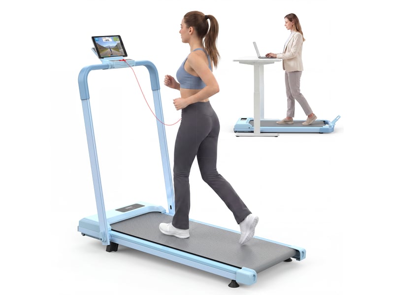  Tapis de course pliable 112,5x50x93,5 cm bleu en acier, inclinaison 10 pourcent, marche, jogging et travail  - Conforama A