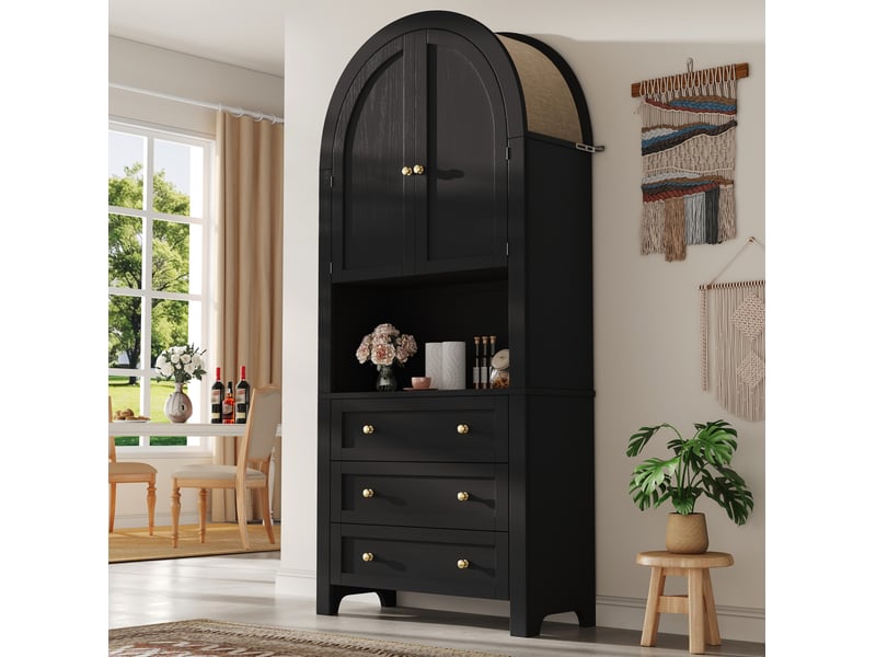  Buffet haut noir en mdf avec 3 tiroirs, 2 portes arquées et espace d'exposition ouvert  - Conforama C