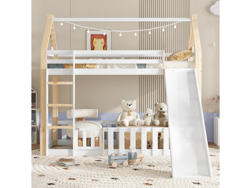  Lit superposé enfants 90x200 cm avec rangement, structure en pin et mdf blanc  - Conforama B