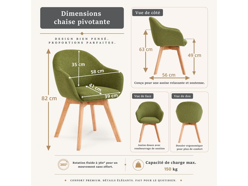 Lot de 2 chaises de salle à manger pivotantes à 360° – fauteuils design cocon, tissu effet lin respirant, pieds en bois massif - vert mousse - Conforama C