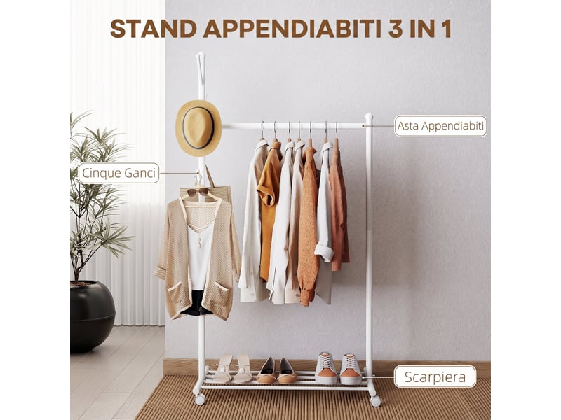  Porte-manteau à roulettes, 5 crochets et étagère à chaussures inférieure, en métal, charge maximale 9 kg, blanc  - Conforama D
