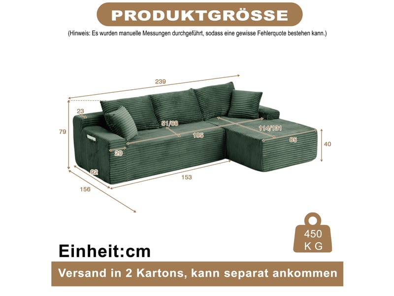  Canapé d’angle modulable 4 places en velours côtelé vert, 239x156x79 cm  - Conforama C