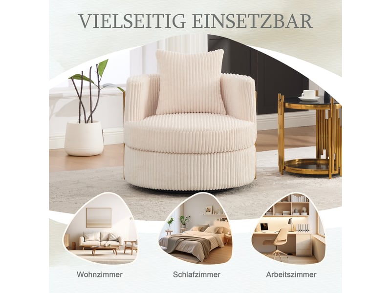  Fauteuil pivotant à 360 degrés en velours côtelé beige, fauteuil une place avec rangement caché pour chambre et salon  - Conforama C