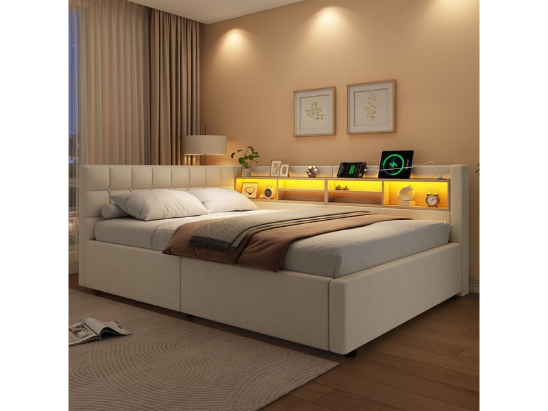  Lit coffre hydraulique 140x200 cm avec led dimmable, étagères, usb et tête réversible, tissu lin beige, sans matelas  - Conforama W