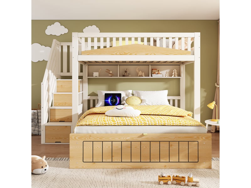  Lit superposé enfant 90x200 et 140x200 cm avec coffre hydraulique, escalier rangement, garde-corps et usb-c, bois et métal, blanc et naturel Bubbly - Conforama B