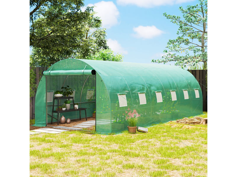  Serre tunnel en polyéthylène avec couverture plastique et structure en acier, tente de serre accessible à pied avec portes enroulables, verte  - Conforama C